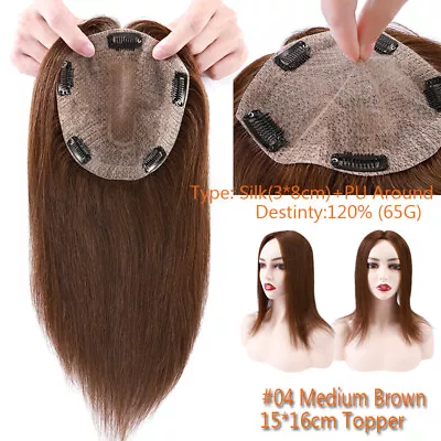 150% Silk Base Clip In Topper Toupee Hairpiece Remy Human Hair Wig Wiglet Toupee • $180.63