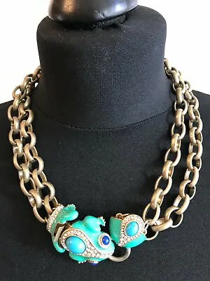  J Crew Signed Auth Green Glass Enamelled Frog Cabochon Double Strand Necklace • $95.99