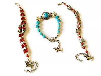 Red And Turquoise Beaded Dachshund Charm Bracelets Set Of 3 • $3.95