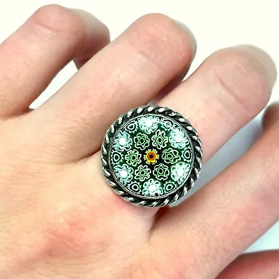 Green Millefiori Glass Handcrafted Vintage Sterling Silver 925 Ring Size 6.25 • $79