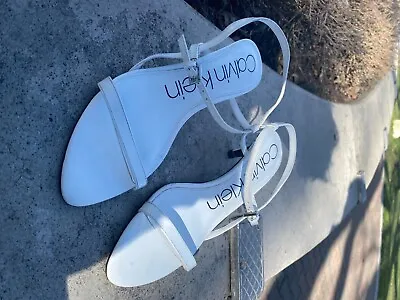 $40 • Buy Calvin Klein Almond-Toe Sandals White Leather High Heels 