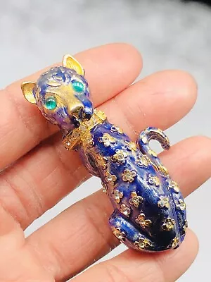 Vtg Signed Hattie Carnegie Blue Enamel Leopard Pin Brooch W Green Cabochon Eyes • $247.50