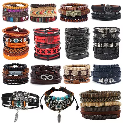 £4.99 • Buy Mens Leather Bracelet Braided Wristband Bangle Punk Beaded Surfer Wrap Gift Box