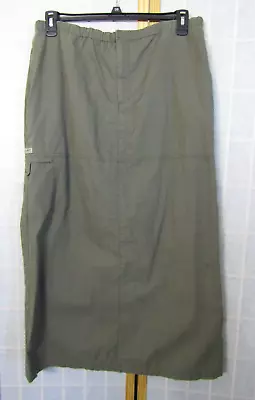 Vintage Eddie Bauer Dark Olive Cotton Blend Toggle Midi Skirt Front Zip Womens L • $10.99