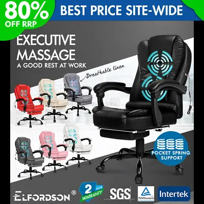 ELFORDSON Massage Office Chair With Footrest Executive Gaming Seat PU Leather • £79.99