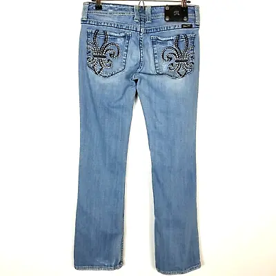 Miss Me Women Boot Cut Mid Rise Jeans Size 30 Blue Distressed Embellished • $38.24