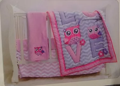 $99.99 • Buy Manhattan Kids 4pc Crib Set Chevron Love Owls Flowers  Bedding Girls Pink Baby