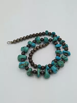 Vintage Native American Sterling Silver Bench Bead Turquoise Nuggets Necklace • $79.95