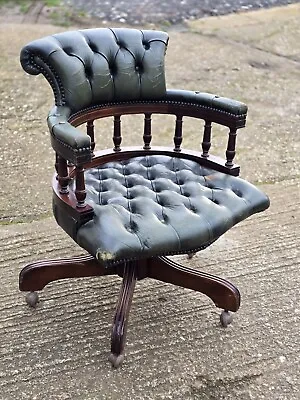 Green Leather Captains Swivel Office Chair Chesterfield Style • £215