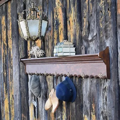 Antique French Large Oak Carved 7 Peg Coat Hooks Plate Rack Hall Kitchen Shelf • £145