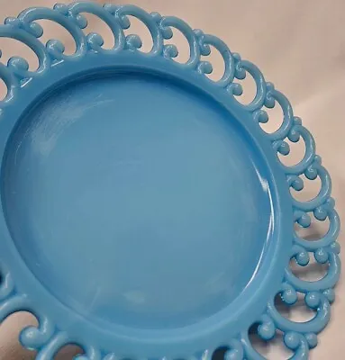 Rare Fenton Turquoise Milk Glass Scroll Lace Reverse C Border Blue Plate 8.25  • $175