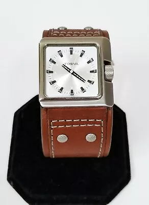 New Fossil Silver Tonebrown Luggage Leather Cuff Band Watch Jr9715 • $162.79