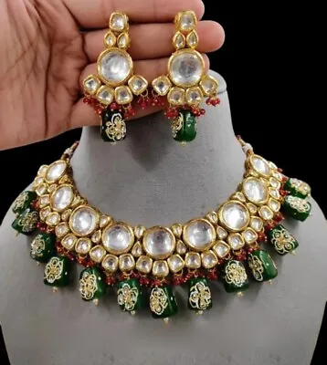 Indian Pakistani Asian Bollywood Bridal Gold Green Kundun Necklace Set Jewellery • £89.99