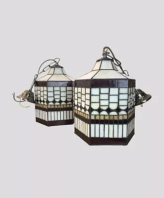 Vintage Tiffany Style Stained Glass Ceiling Lights Hall Lanterns Pair • £185