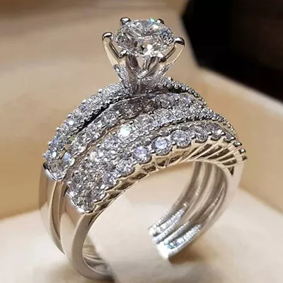 Luxury 2pcs/set Women Wedding Rings 925 Silver Cubic Zirconia Jewelry Size 6-10 • $3.01