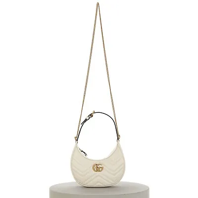 $2154.34 • Buy GUCCI 1400$ GG Marmont Half-Moon Mini Bag In White Matelasse Chevron Leather