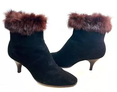 Vintage Ankle Booties Black Leather Suede Fur Trim Boots Size 7M • $24.95