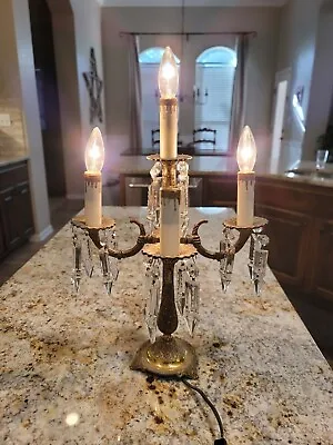 $179 • Buy Vintage Electric Brass Table Candelabra Glass Crystal Prisms Table Lamp Antique