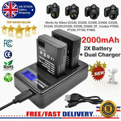 2X 2000mAh EN-EL14 EN-EL14A Battery+Charger For Nikon D3100 D3200 D3300 D3400 D5 • £25.99