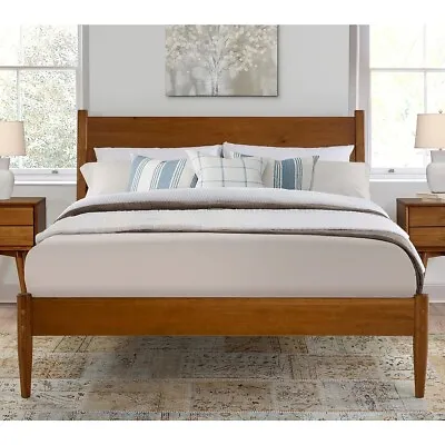 Mid Century Modern Platform Bed Frame W/ Headboard Queen Size Solid Wood Brown • $589.99