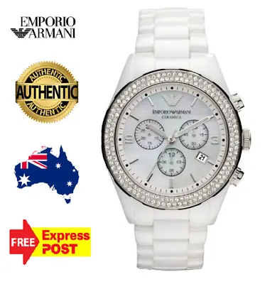 Emporio Armani Ceramica Ar1456 Mother Of Pearl White/silver/crystal Ladies Watch • $289.99