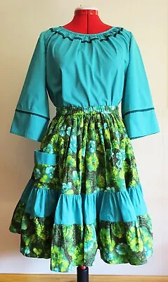 Vintage Square Dance Outfit Teal And Green Print Small • $55