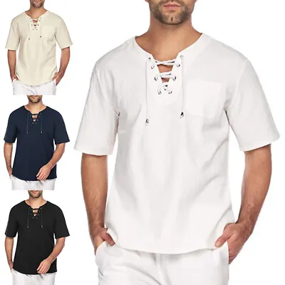 £12.84 • Buy Mens Short Sleeve Linen T Shirt Casual Baggy Solid Lace Up Tops V Neck Tunic UK