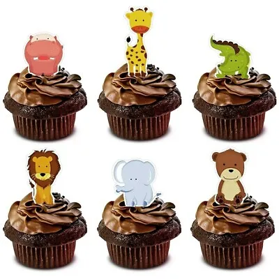 24 Zoo Animals Stand Up Cup Cake Toppers Edible Birthday Party Decorations • £2.25