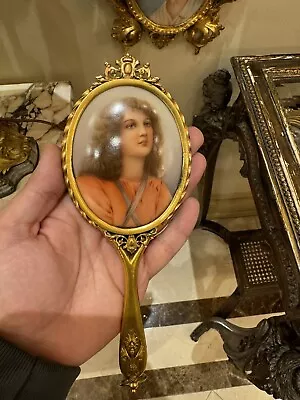 Antique Small Hand Mirror French Enamel Handpainted Lady Portrait Bronze • $800