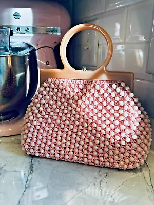 VINTAGE Pink Coral Raffia Woven Beaded Clutch Handbag Evening Bag LUCITE Handles • $136
