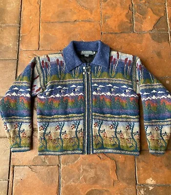 Vintage Icelandic Design Wool Sweater Ducks Lanscape Zip Up Jacket Small Lined • $44.99