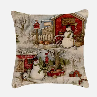 Snowman Winter Scene Vintage Christmas Throw Pillow Cover Winter Holiday Decor • $15.95