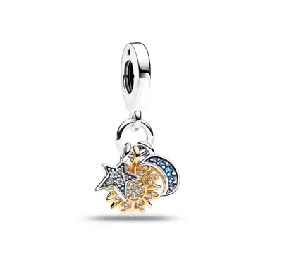 NEW 925 Sterling Silver Star Sun And Moon Two-tone Celestial Triple Dangle Charm • $22.89