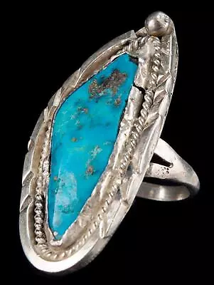 Vintage Native American Sterling Silver Turquoise Wide Frame Ring 10.6 Grams • $95