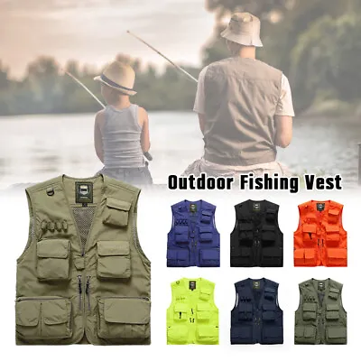 Men Hiking Fishing Vest Photographer Waistcoat Mesh Cargo Sleeveless • $31.24