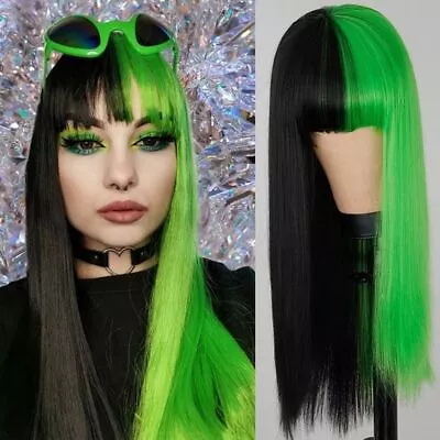 Long Straight Half Green Half Black Synthetic Wig Party Cos Fashion Heat Safe • $15.19