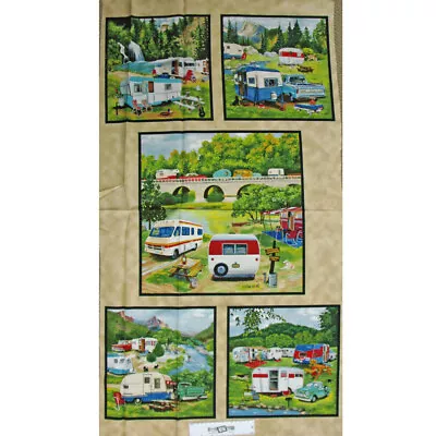 Patchwork Quilting Sewing Fabric Vintage Caravans Panel 60x110cm • $21