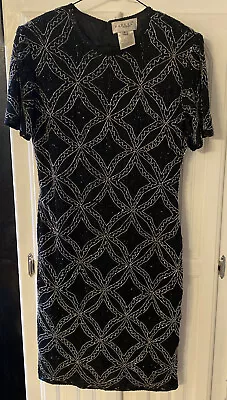 Vintage Papell Black Silk Lavishly Beaded Dress Party Evening Sz 6 • $35