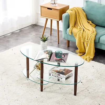 Modern Transparent Oval Glass Coffee Table With 3-layer Storage Shelf &Wood Legs • $83.39