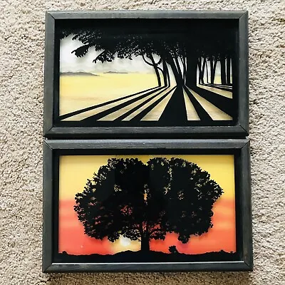 2 Vintage Framed Silhouette Reverse Paintings 10.5  X 6.5  Sunset Sunrise 1977 • $65