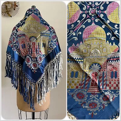 WWII Taj Mahal Silk Brocade Square Piano Shawl Scarf Tablecloth With Fringe VTG • $250