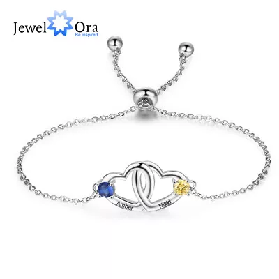 Personalise Women Heart Chain Bracelets 2 Birthstones Engraving Adjustable Gift • $15.38