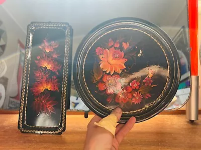 Vintage Black Roses And Castles Hand Painted Metal Plate / Tray Set Canal Ware • £85