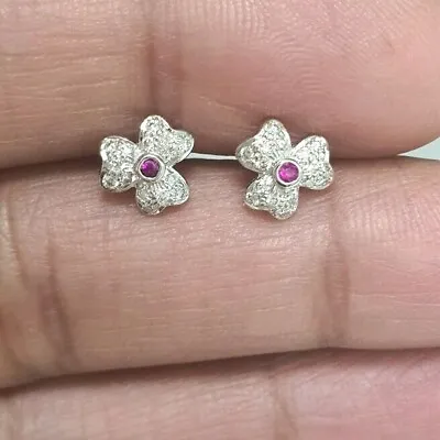 18ct White Gold Ruby & Diamond Earrings 0.20 Cts Child Friendly Safe & Secure • £325