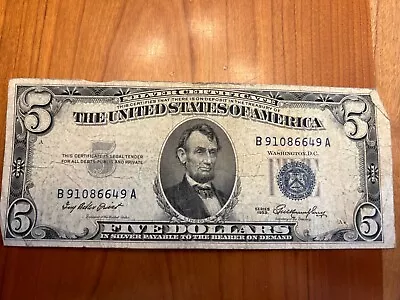 1953 Silver Certificate $5 Dollar Bill Blue Seal Note B 91086649 A • $15