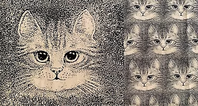 Vintage Cat Faces Cotton Fabric Valerie Leonard Chapel House 1/3 Yard Panel • $10