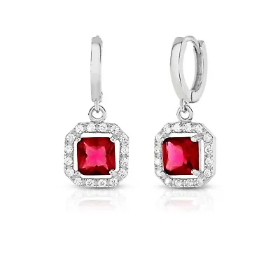 925 Sterling Silver Lab Created  Ruby Princess Cut Halo Lever-back Earrings • $9.99