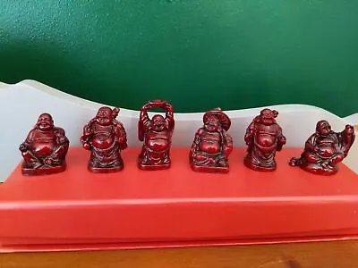 Set Of 6 Red Resin Mini Laughing Wealth Buddhas In Gift Box • £9.99