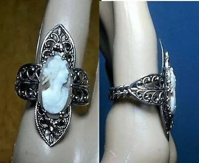 Filigree Shell Cameo RING W. Germany Cameo Wears Pompadour Adjustable 5-7 Brass • $59.90
