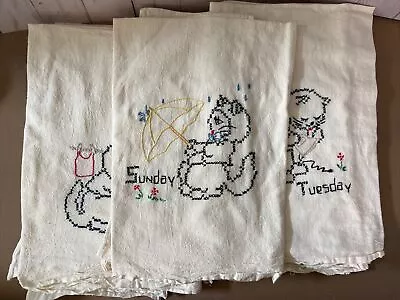 CATS Vtg 1960s Dish HAND TOWELS Lot 7 Days Of The Weeks Embroidered Embroidery • $34.99